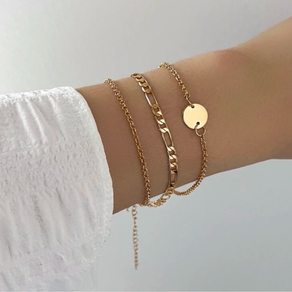 3 Piece Gold Figaro & Chain Bracelet Set